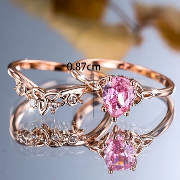 NEW 14k Rose Gold Pink Sapphire Pear Cut Diamond Ring Set of 2 Rings - Picture 4 of 4